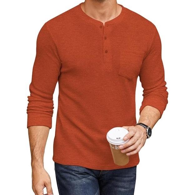 Men’s Long Sleeve Waffle Henley Shirt with Pocket