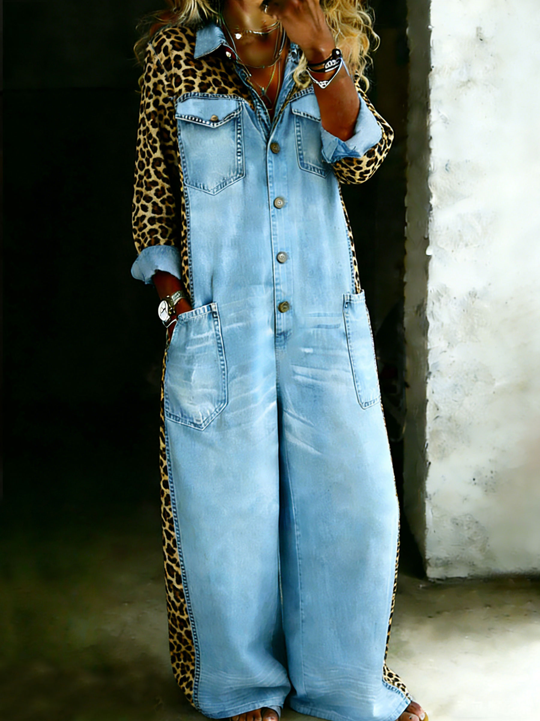 Women’s Cotton One Piece Shirt Denim Jumpsuit