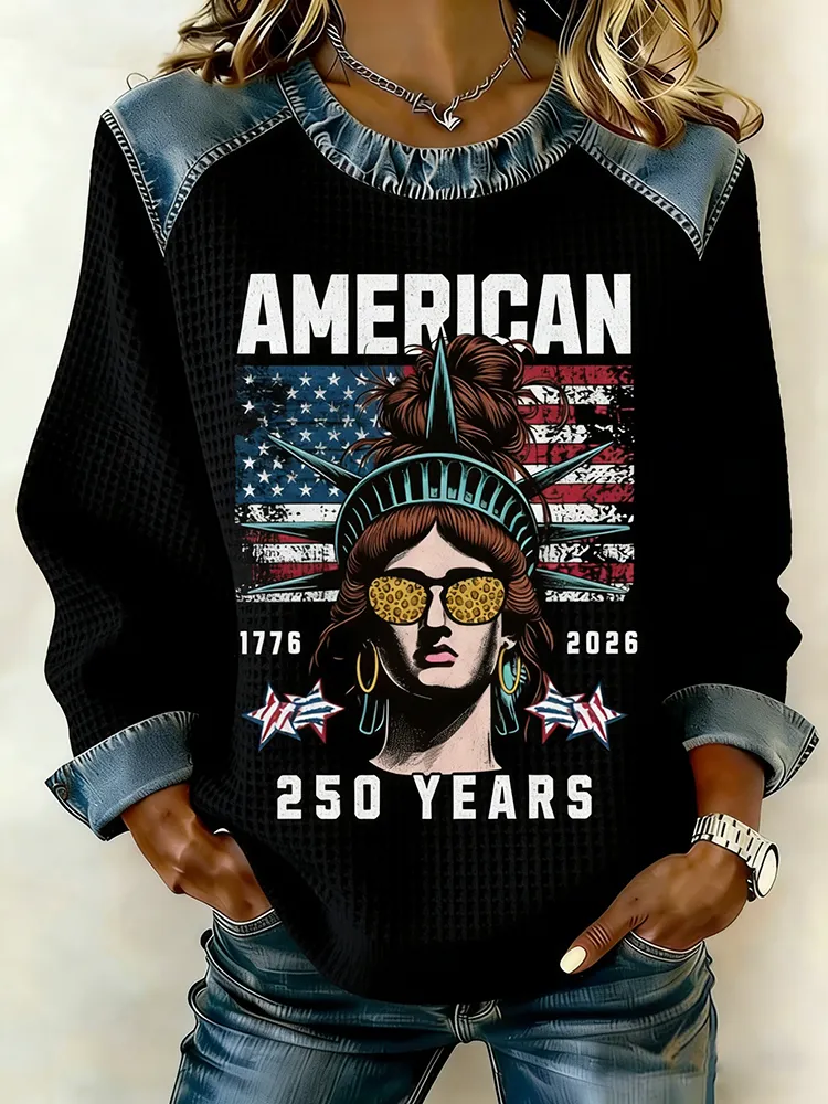 1776-2026 Patriotic American 250 Years Statue Of Liberty Waffle Knit Top