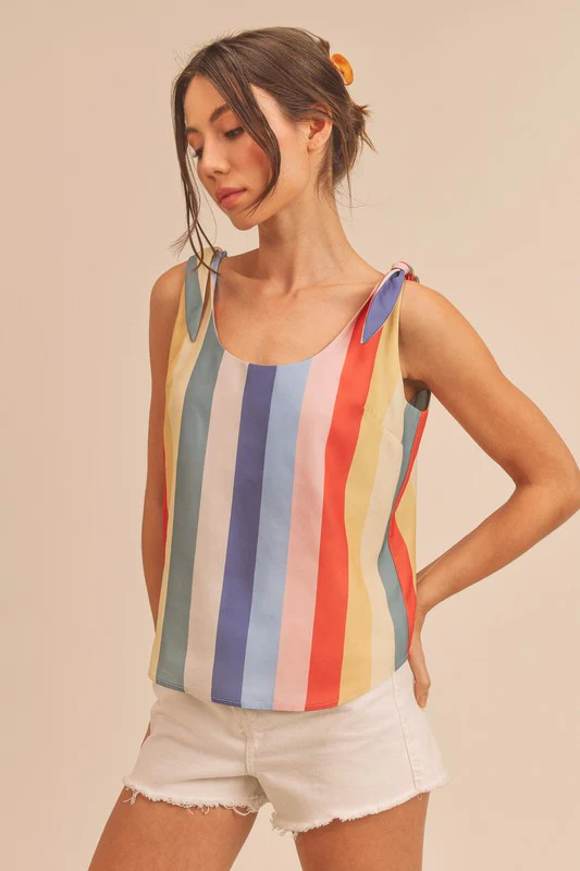 Contrast Striped Scoop Neck Tie Shoulder Tank