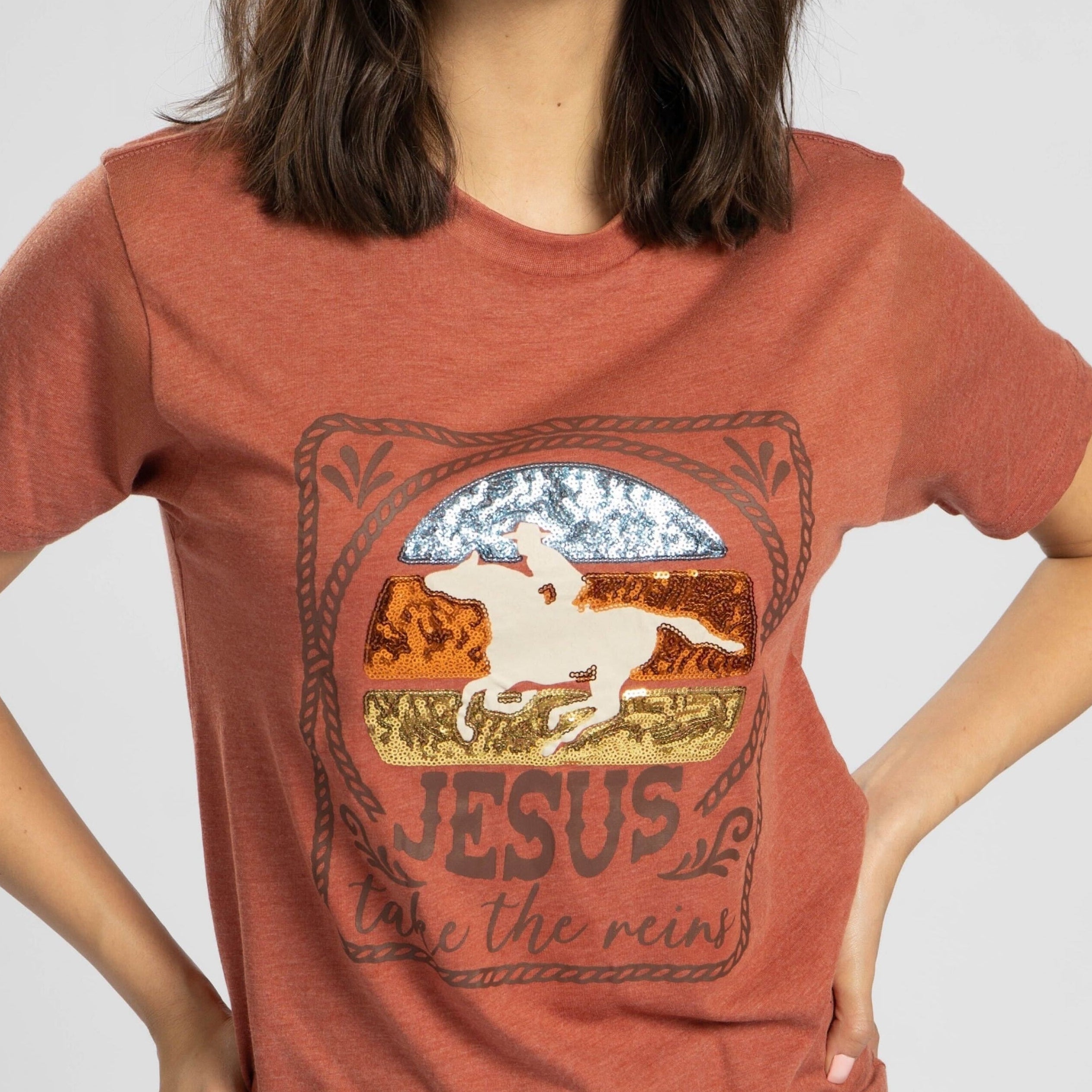Embellished Jesus Take the Reins Sequin Tee