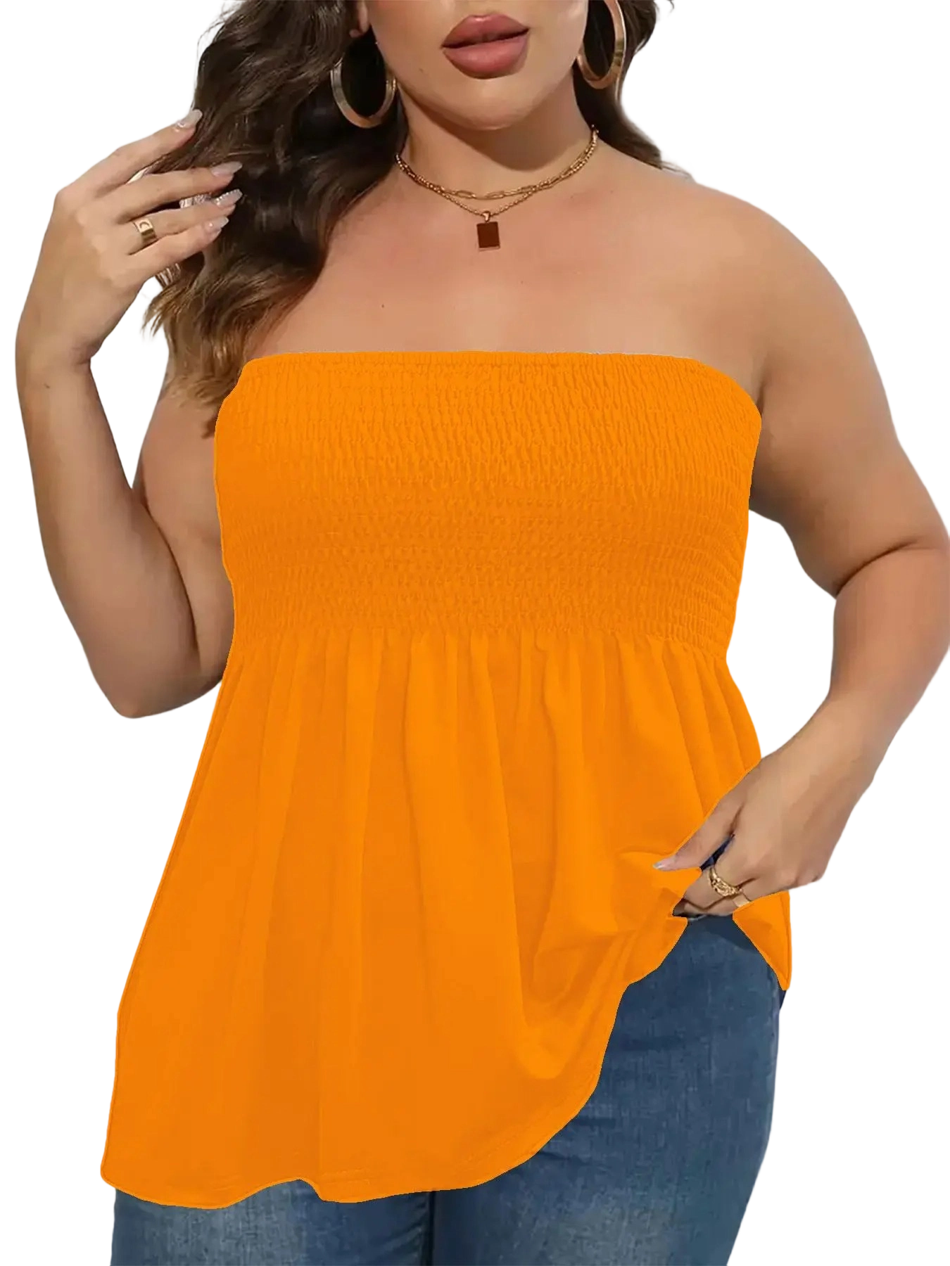 Women's n Strapless Top Plus Size Solid Ruffle Hem Shirred Tube Top