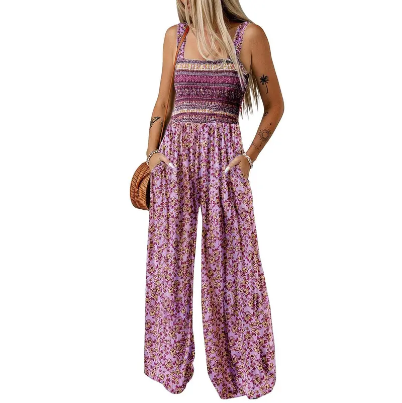 Women's Casual Loose Overalls Jumpsuits One Piece Sleeveless Printed Wide Leg Long Pant Rompers With Pockets Bohemian Womenswear