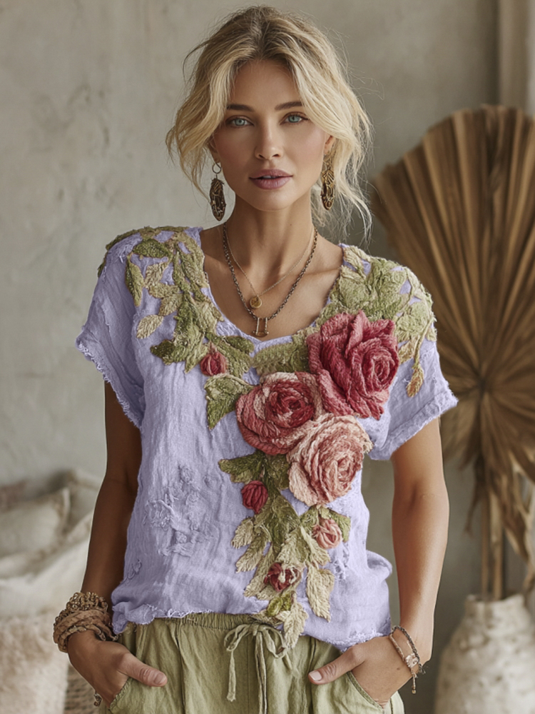 Women's Vintage Floral Art Linen Crew Neck Short Sleeve T-shirt
