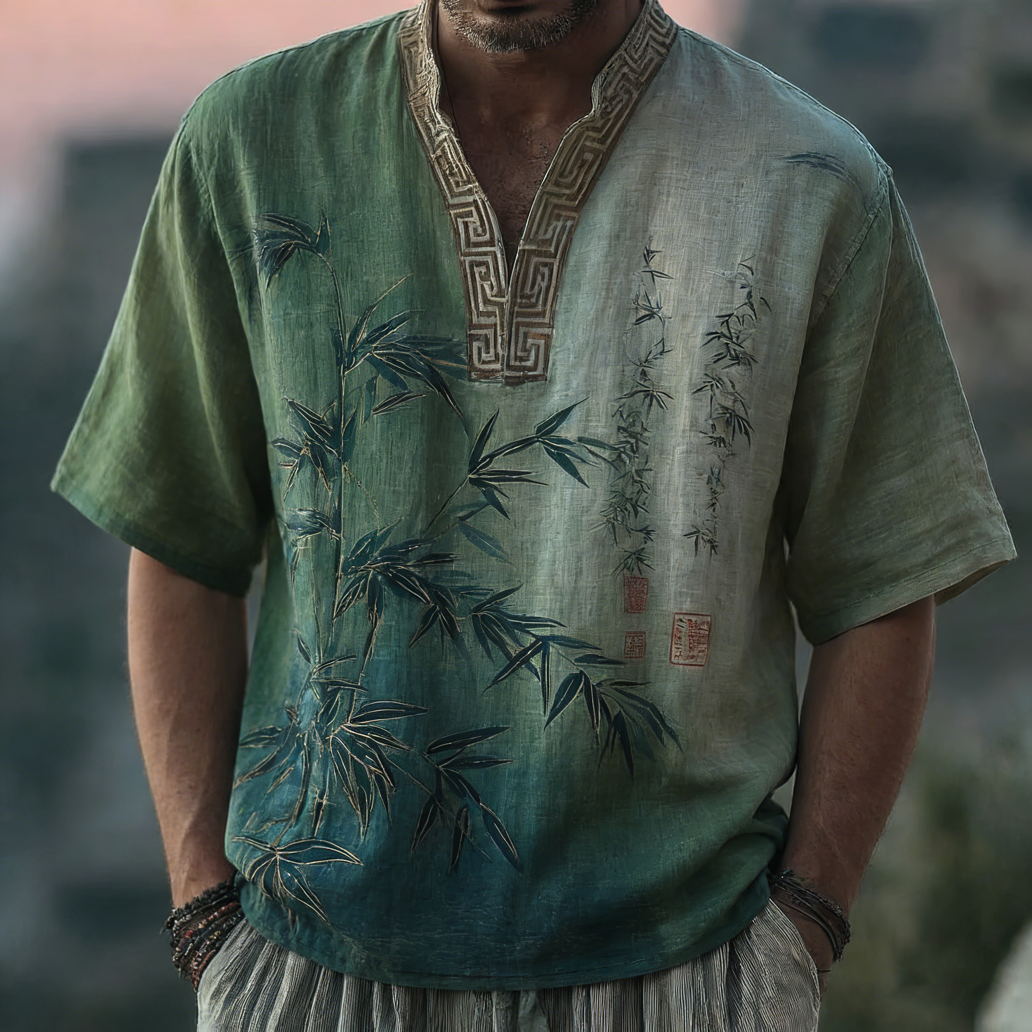 Japanese Bamboo Pattern Embroidered Color Blocked Linen Blend Shirt