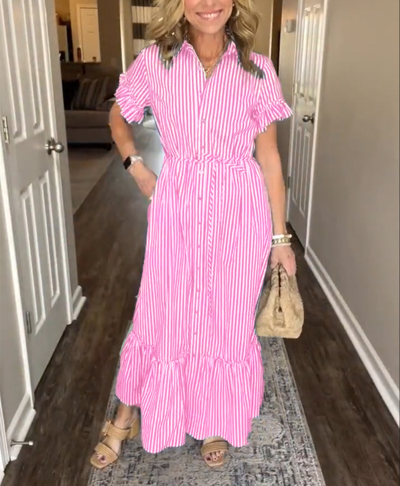 NEW🔥Striped Cotton Lapel Button Shirt Dress(Buy 2 Free Shipping)