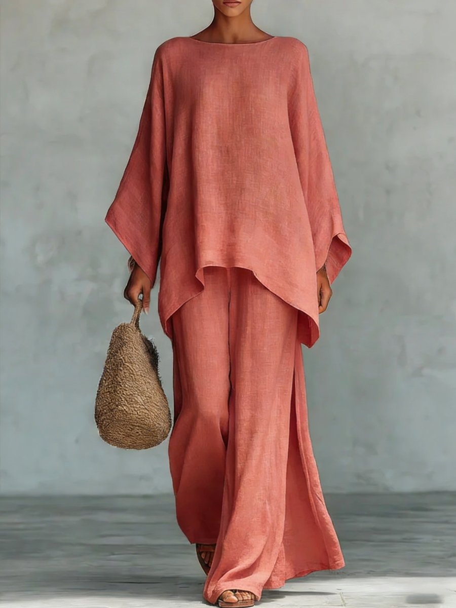 Women's Round Neck Long Sleeve Wide-leg Casual Irregular Hem Two-piece Pants Set