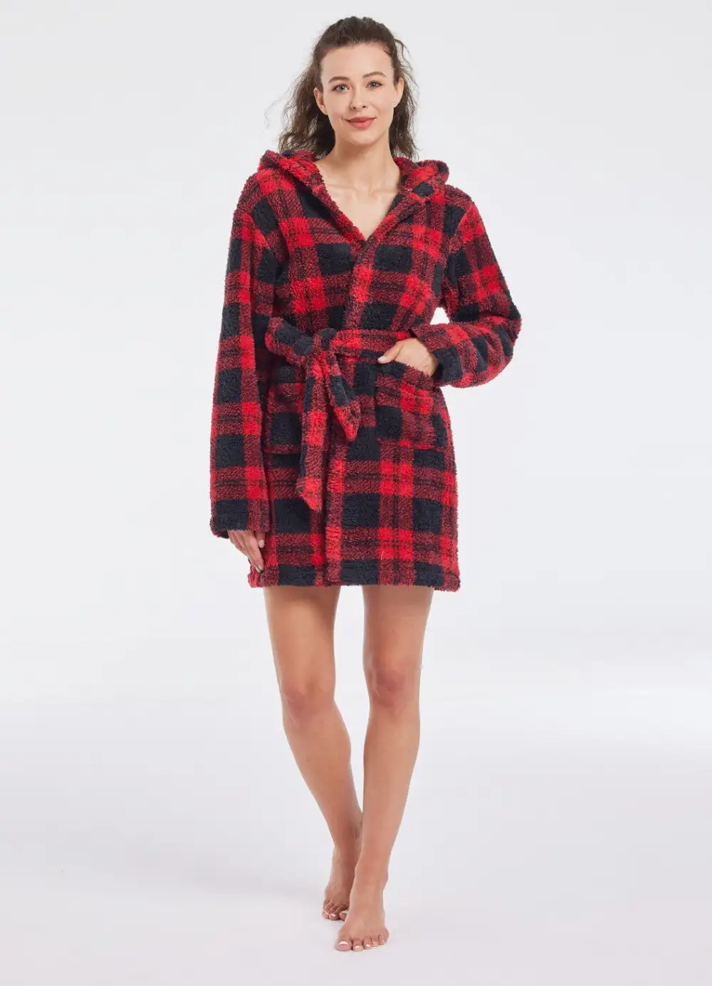 Plush Hooded Robe Plaid
