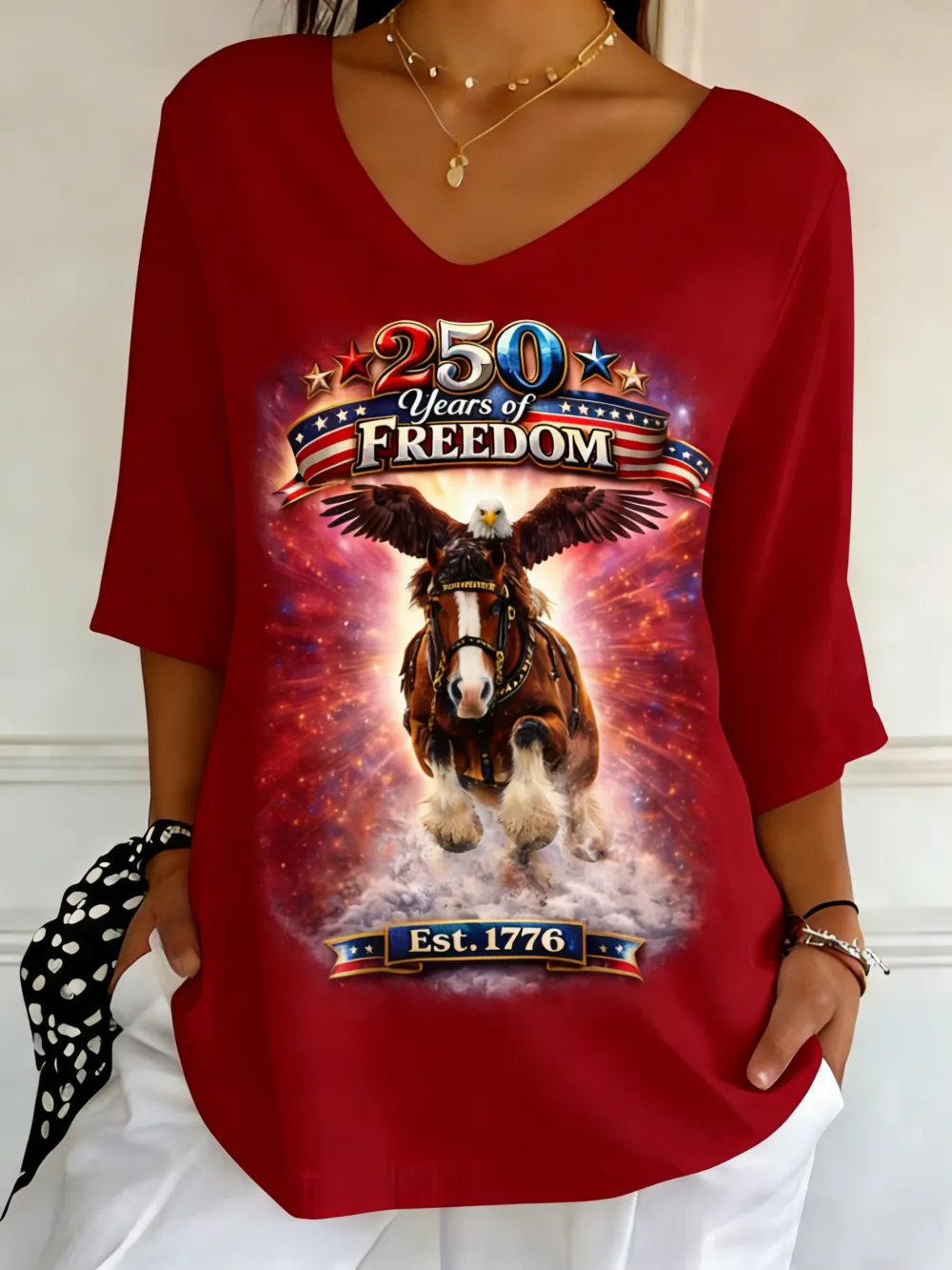 250 Years Of Freedom Patriotic Bald Eagle Clydesdale Horse 1776 Graphic V-Neck Top