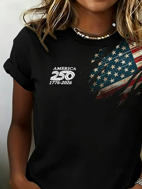 Women's Short Sleeve T-shirt Summer Black Independence Day (Flag) Printing Jersey Crew Neck Daily Going Out Casual Top