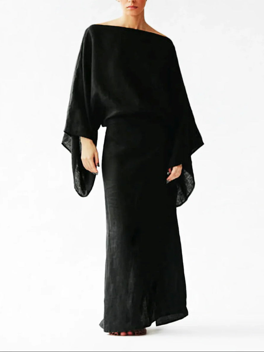 Casual cotton and linen batwing sleeve belt solid color dress