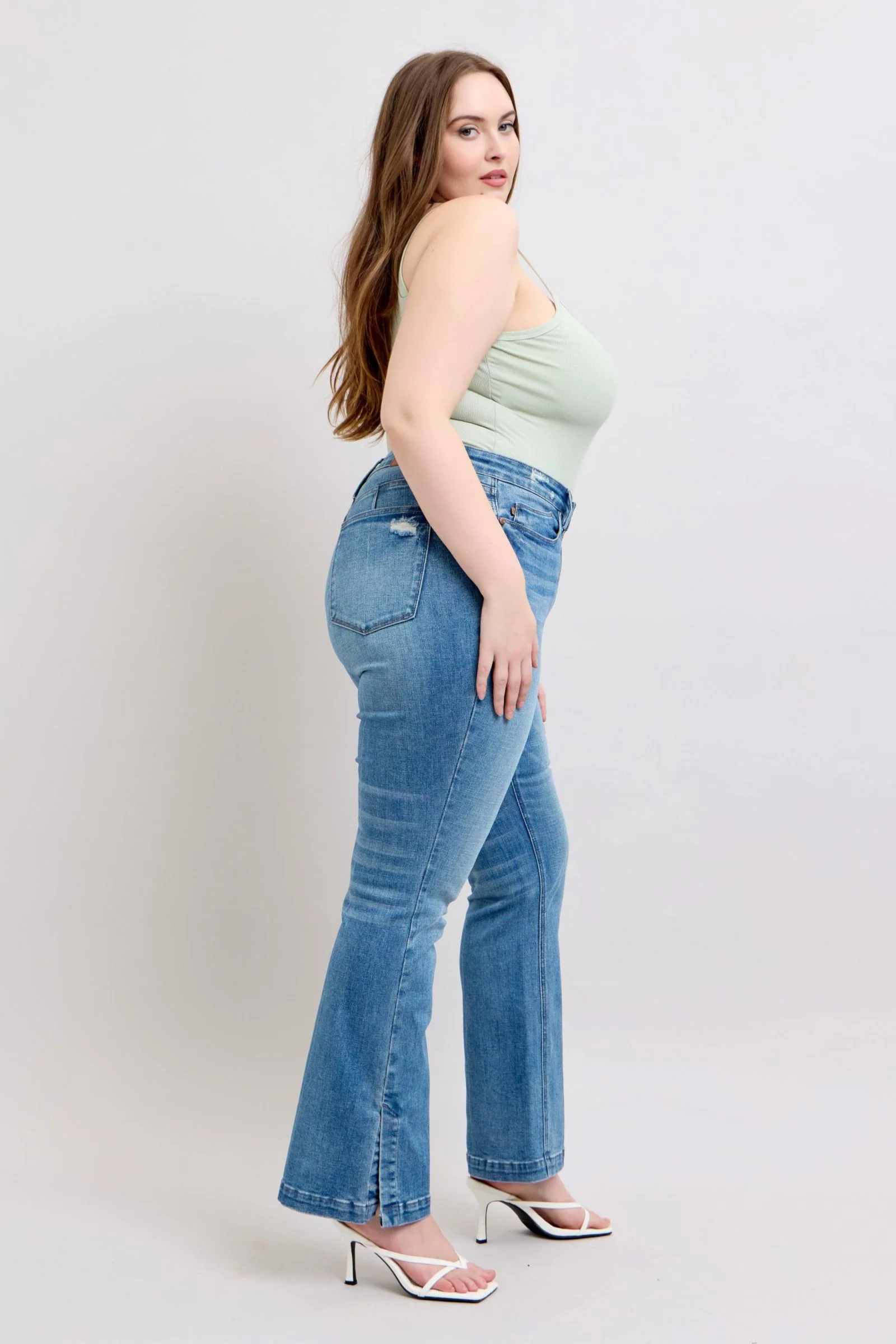 Blue Full Size High Waist Tummy Control Vintage Wash Side Slit Slim Boot Jeans