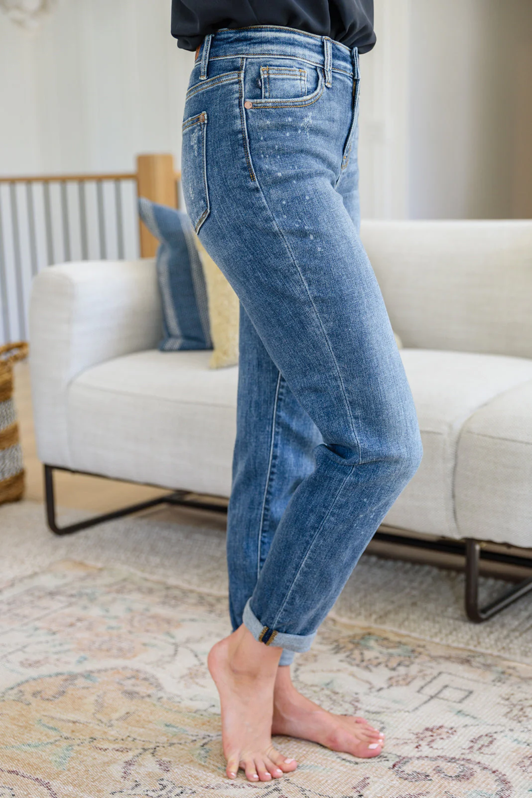 Hi Rise Bleach Splash Boyfriend Jeans