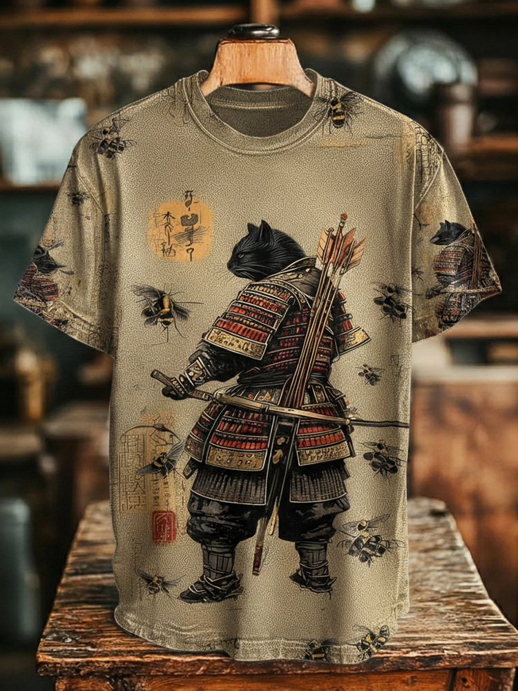 Men's Black Cat Tribal Warrior Japanese Kyudo Print Short Sleeve Shirt