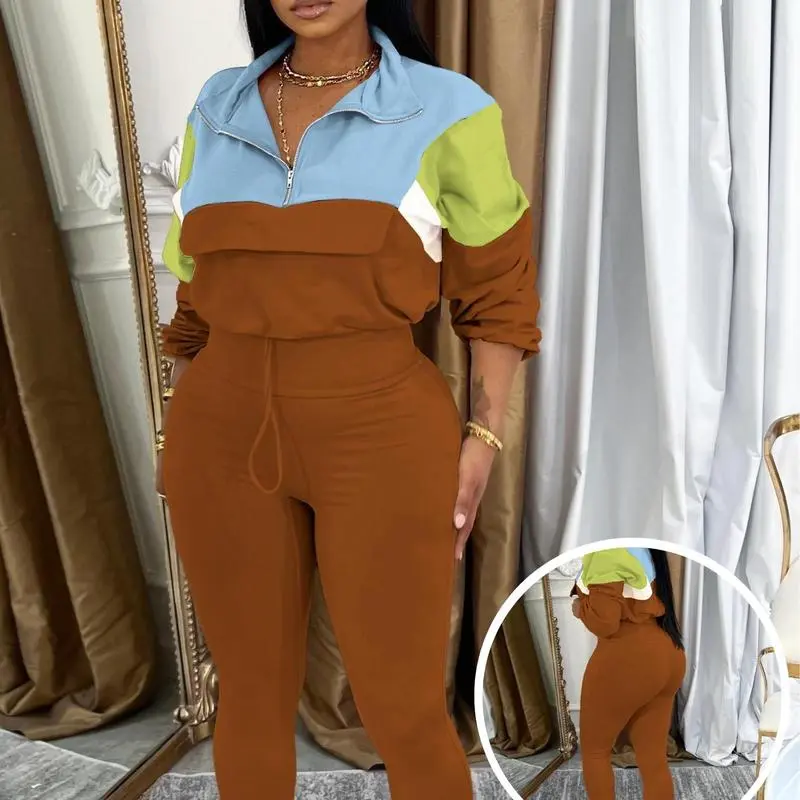 Women’s Colorblock Knit Tracksuit Set – Zip Jacket & Elastic Waist Pants