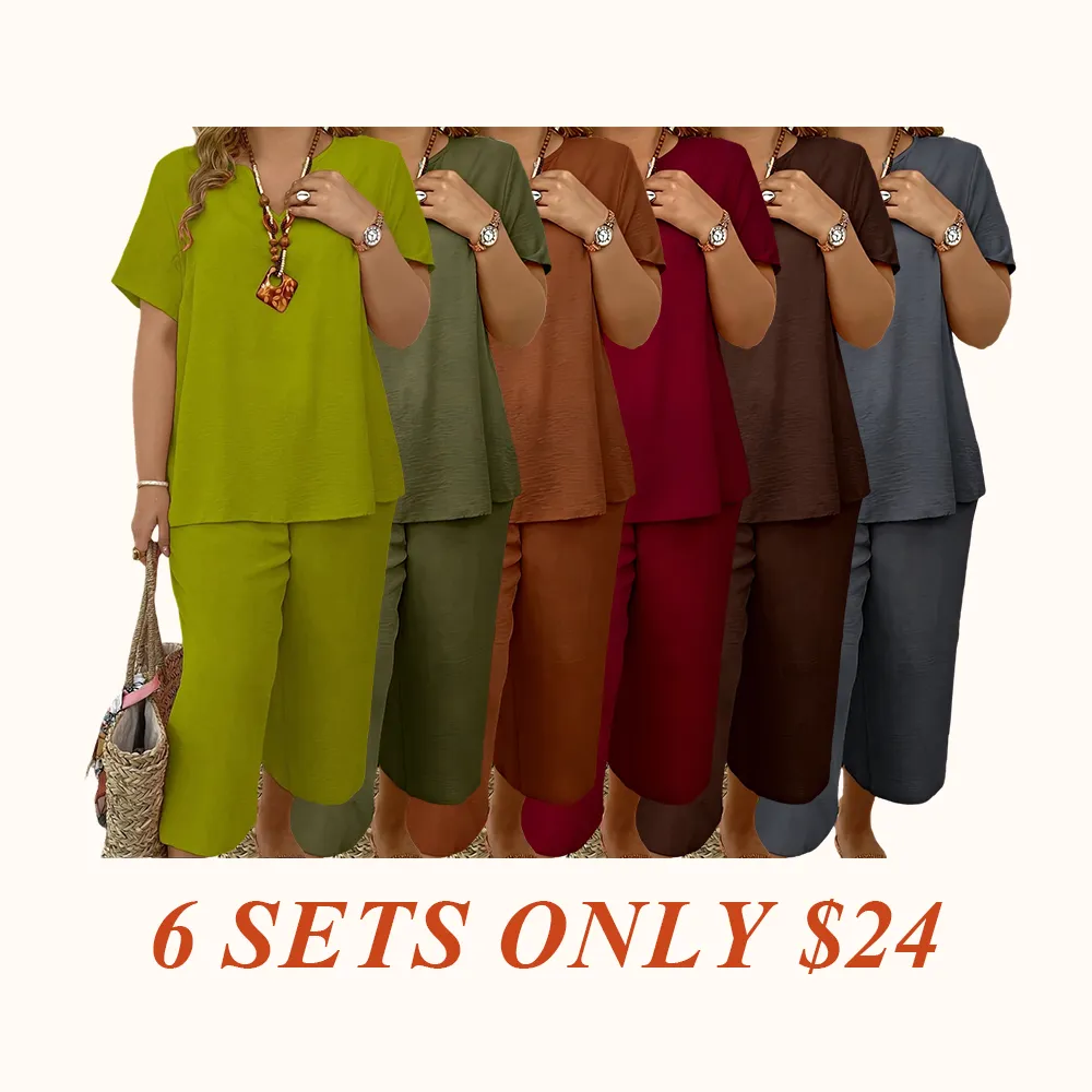 Women's Solid Color Short Sleeve Fashion Top & Casual Wide Leg Pants Set, Summer, Comfortable & Stylish