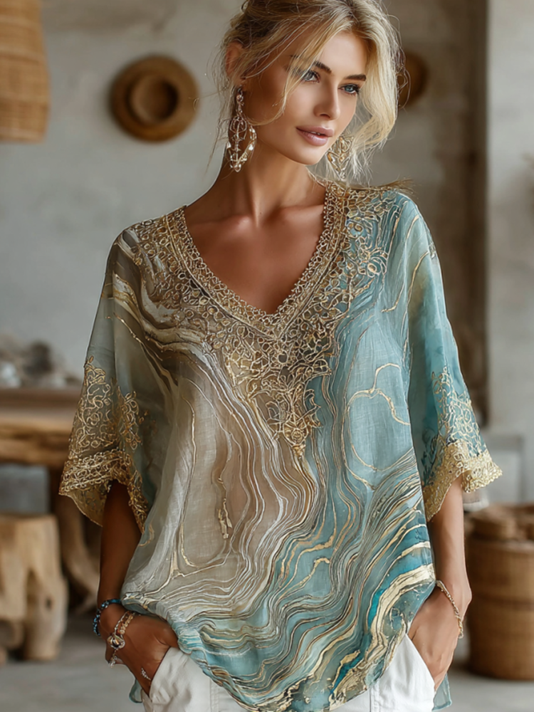 Vintage Marble Texture Collection Bohemia Women Style Gradient Black Gilded Pattern Linen V Neck T-shirt