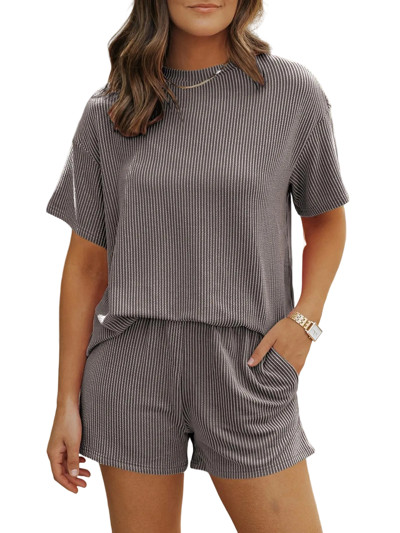 Women's Solid Twisted Ribbed Knit Textured Pocket Shorts Set, Casual Short Sleeve T-shirt & Elastic Waist Shorts