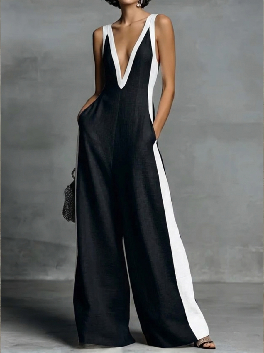 Patchwork Linen And Cotton Sleeveless Jumpsuit