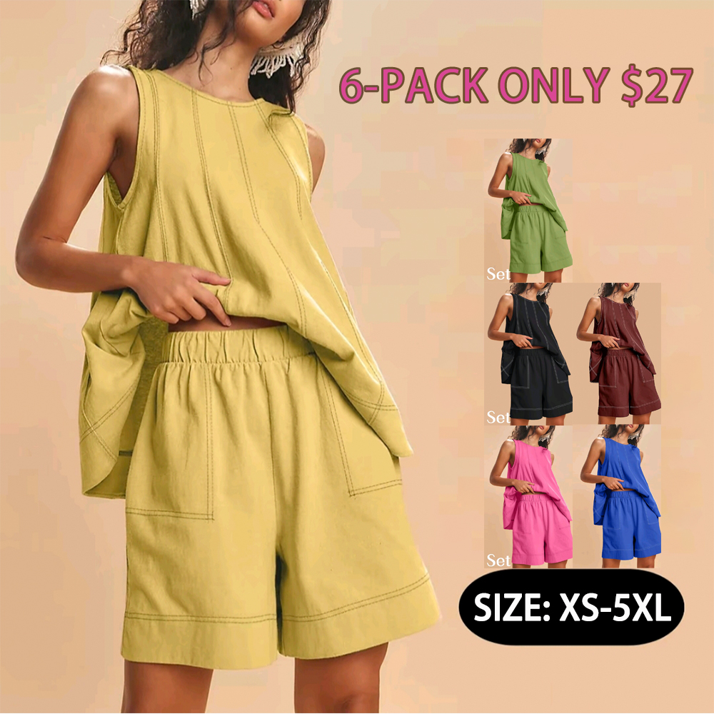 SCUSTY Women's 2-Piece Sleeveless Outfits SetA-Line Tank Tops Paired with High-Waist Shortswith Pockets