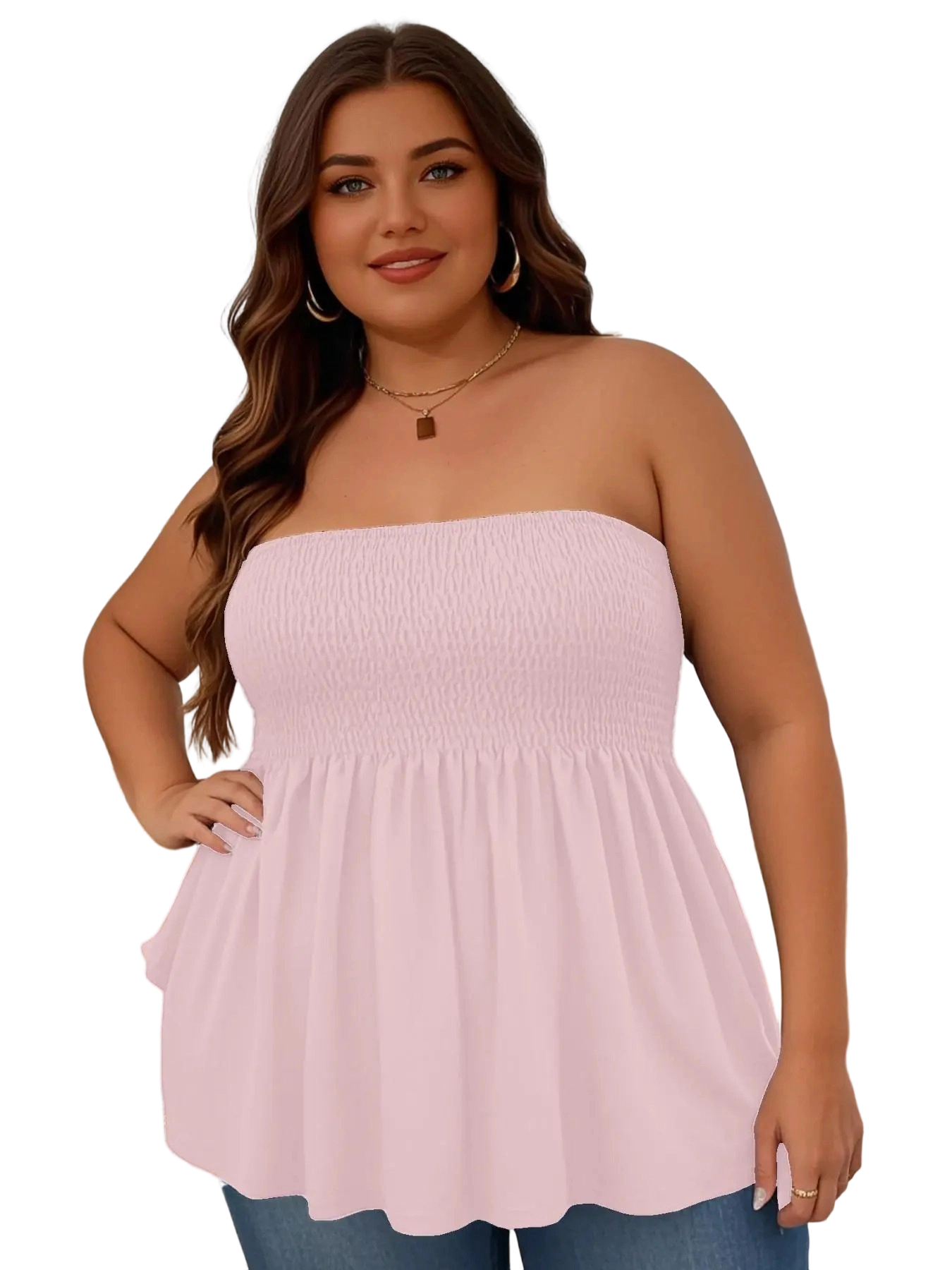 Women's n Strapless Top Plus Size Solid Ruffle Hem Shirred Tube Top