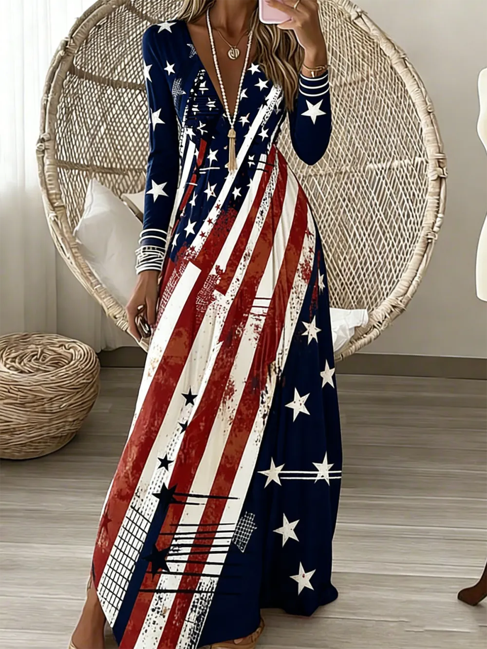 Women Geometric Spring/Fall Dress V Neck Long Sleeve A-Line Dress