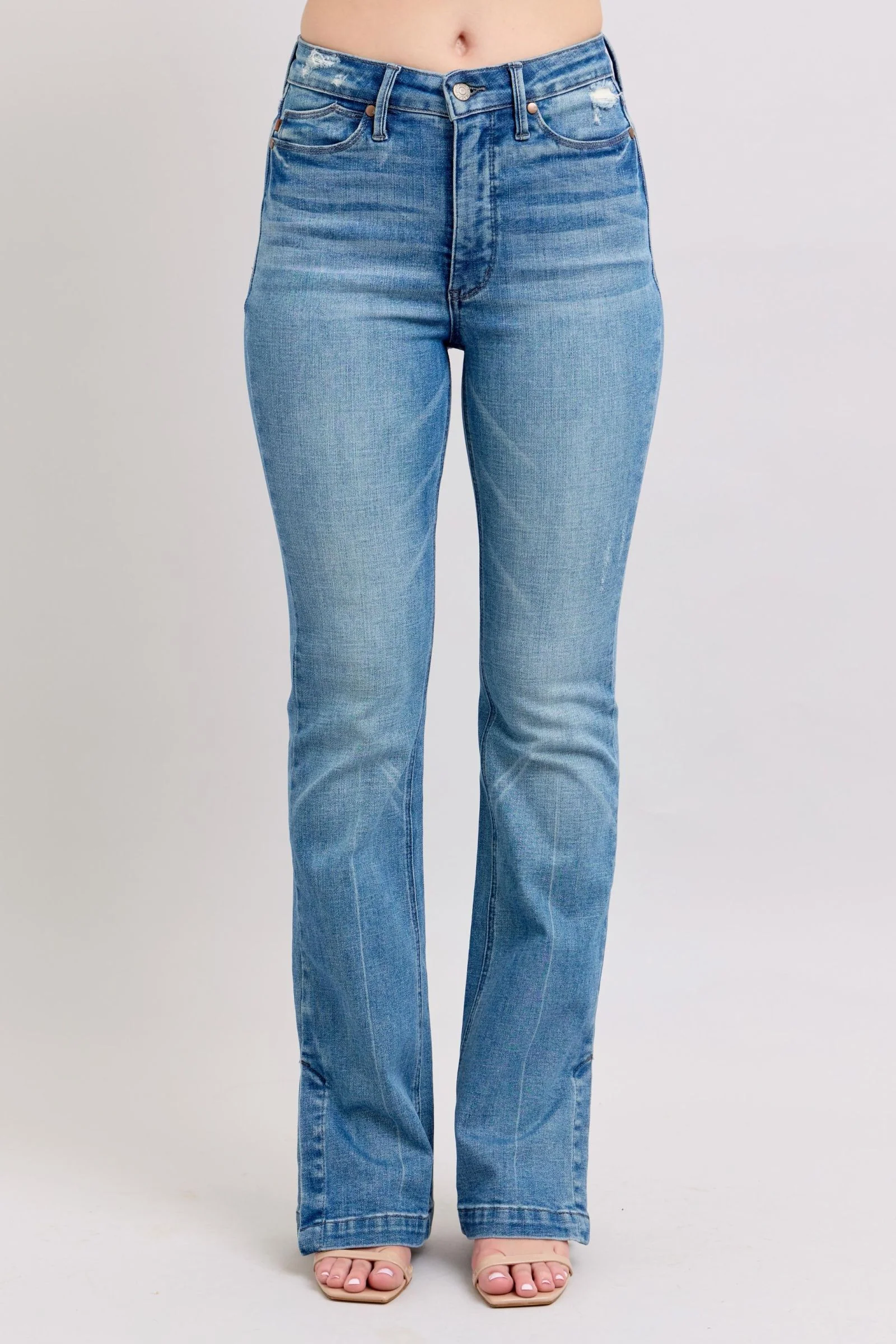 Blue Full Size High Waist Tummy Control Vintage Wash Side Slit Slim Boot Jeans