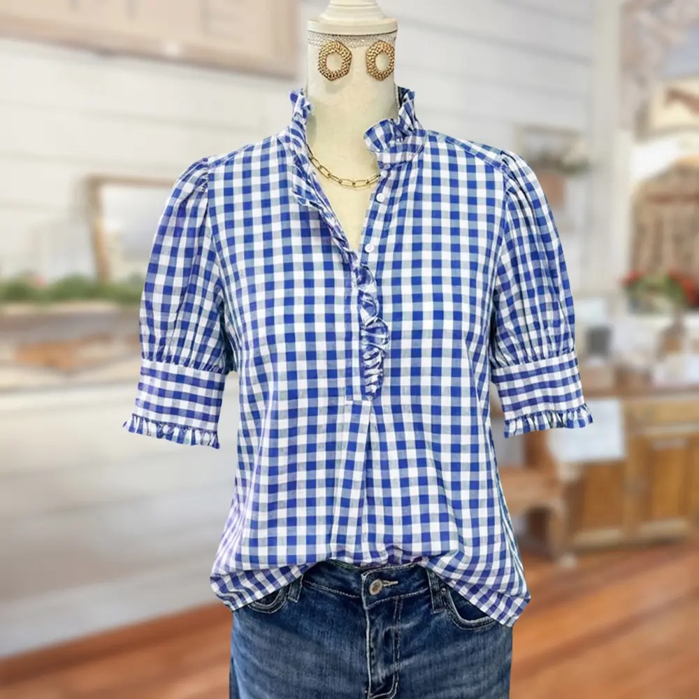 🌿 Women's Vintage Gingham Puff Sleeve Blouse