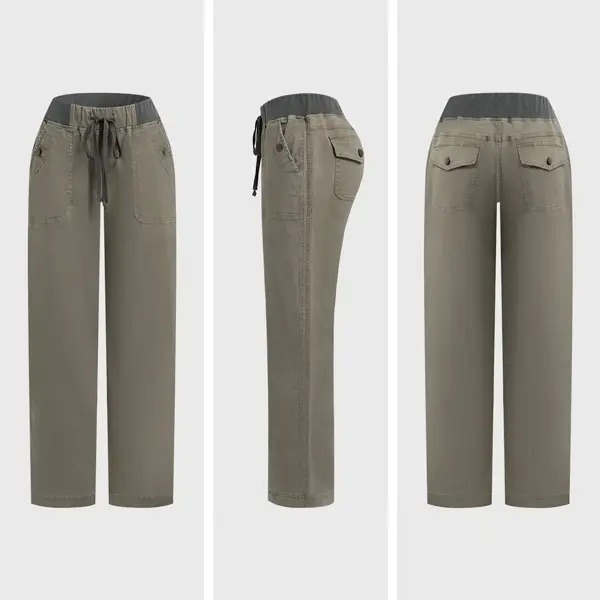 Women's Solid Seam Detail Drawstring Mid Rise Straight Leg Pants High Stretch Fabric