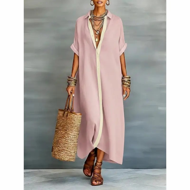 Women’s Minimalist Linen Blend Short-sleeved Shirt Maxi Dress