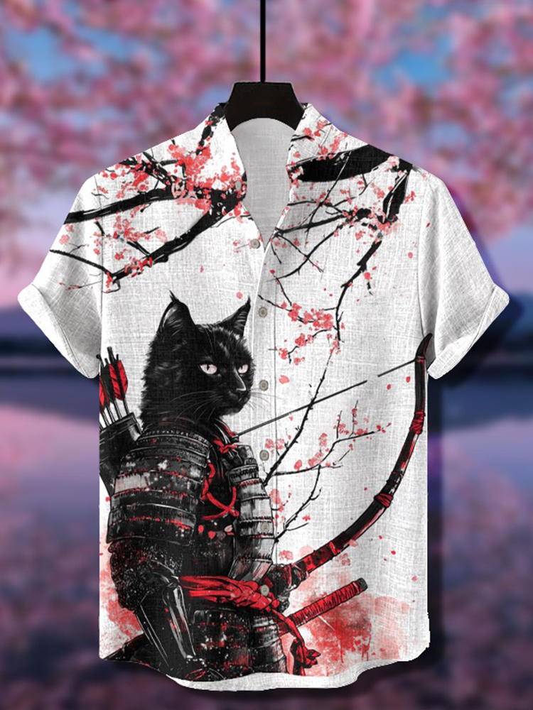 Japanese Style Pink Cherry Blossom Tree Under Black Cat Samurai Pattern Casual Cotton Shirt