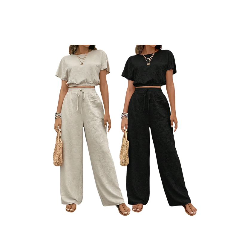Women's Solid Color Rib-Knit Top & Wide Leg Pants Lounge Set