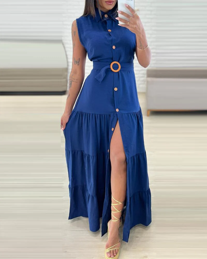 Turn down Collar Sleeveless Button Front Dress Casual Belted Slit Ruched Maxi Dress