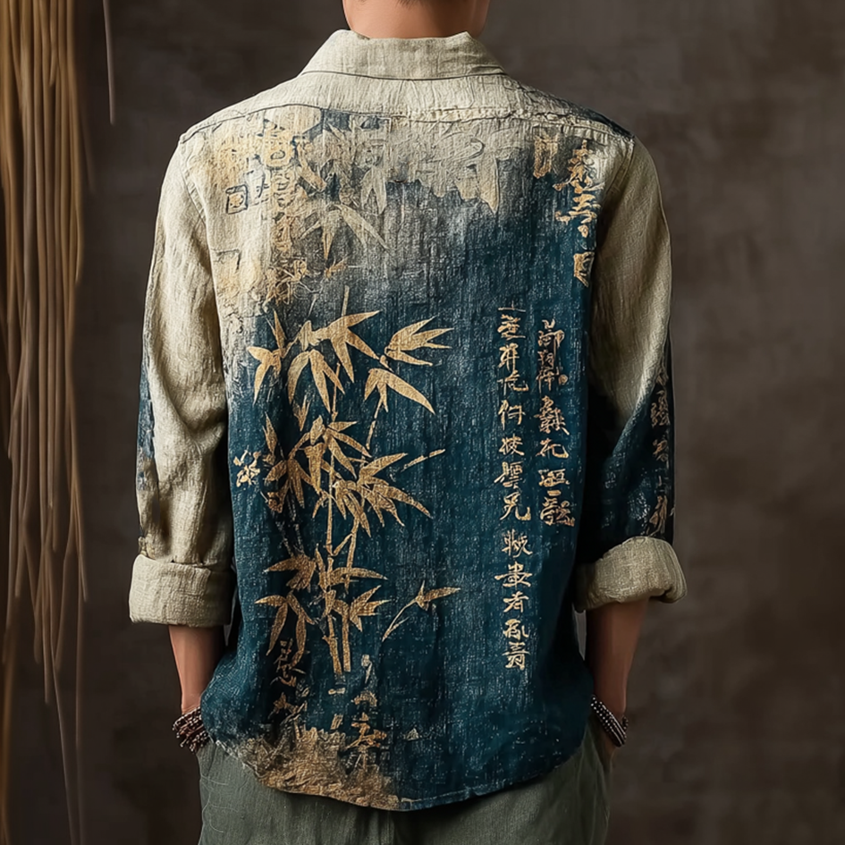 Japanese Art Retro Line Art Linen Casual Long-sleeve Shirt