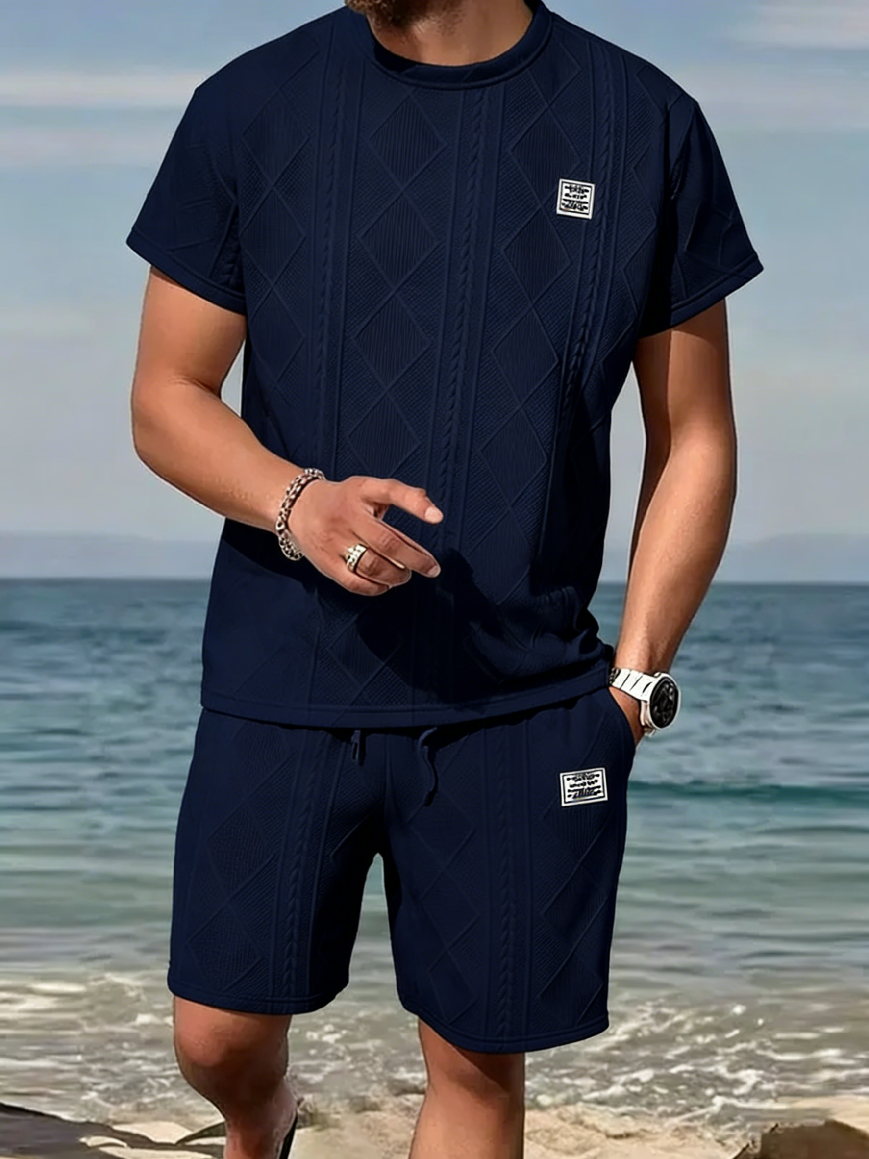 Men’s Summer 2-Piece Casual Sports Set – Breathable Jacquard T-Shirt & Shorts