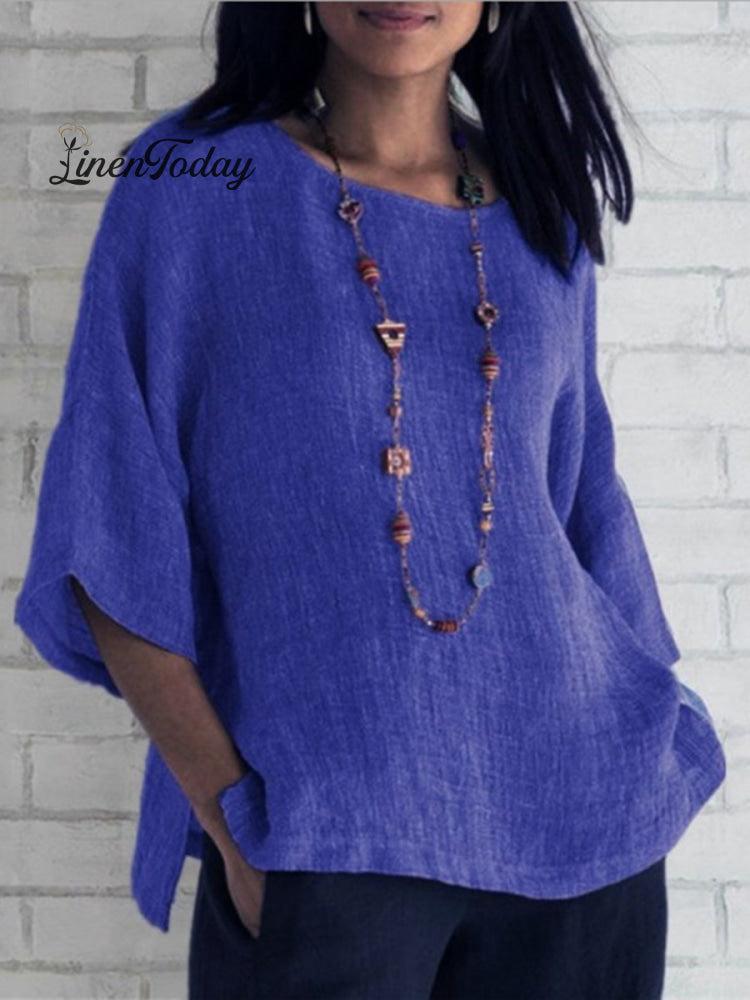 Crewneck Cotton and Linen Shirt Top