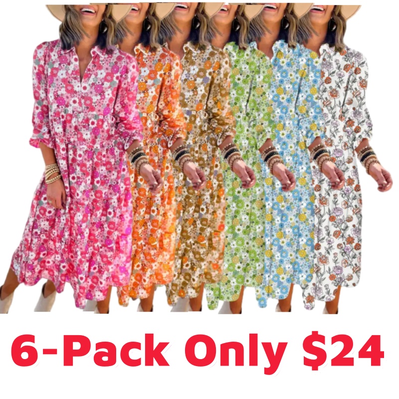 Women's Casual Bohemian Floral Dress 2026 V-Neck Long Puff Sleeve Midi Dress Soft Fabric Comfortable Summer Dress - Womenswear