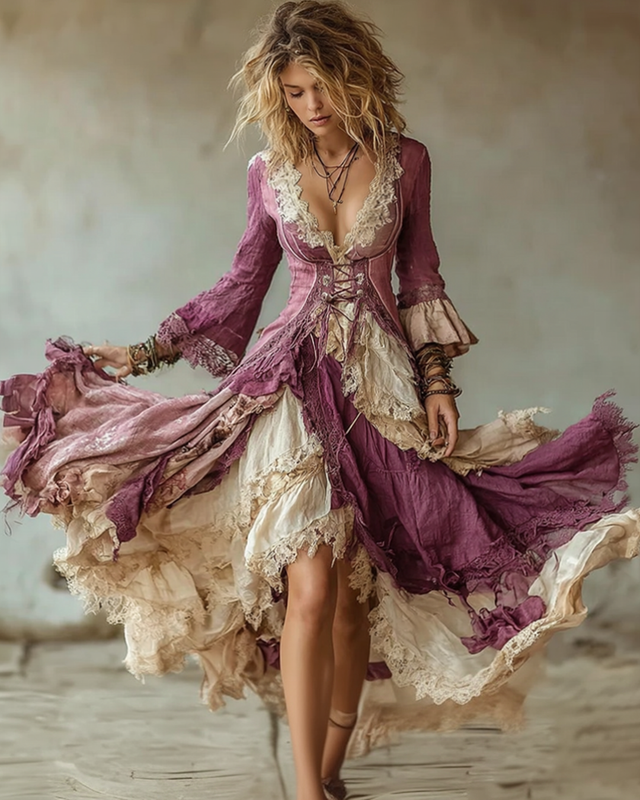 Women's Spring Retro Color Block Linen Dress  8246