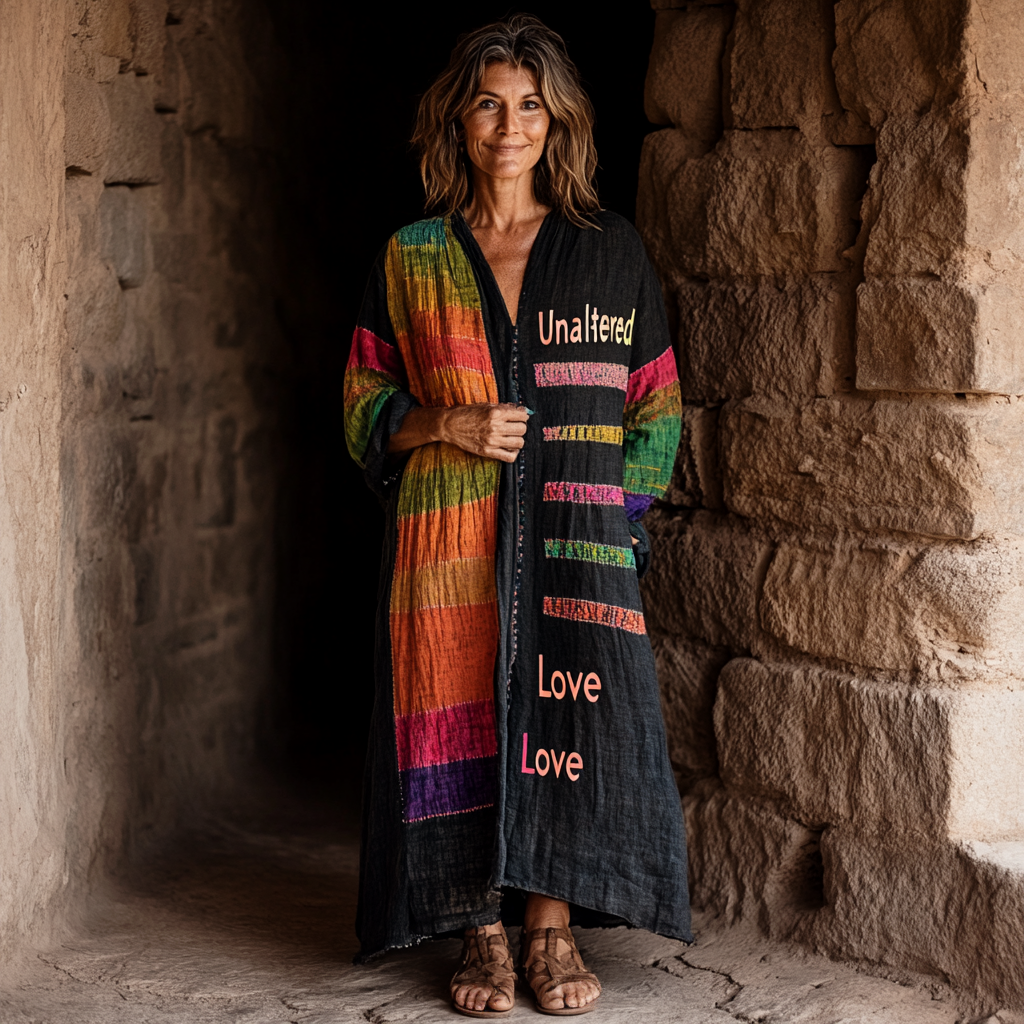 Vintage Loose Linen Patchwork Rainbow Contrast Coat f9d2