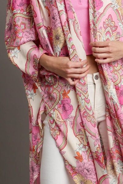 Mixed Print Open Front Kimono with Ruffle Sleeves