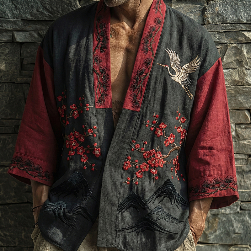 Japanese Cherry Blossoms Cranes Patchwork Art Linen Kimono Cardigan
