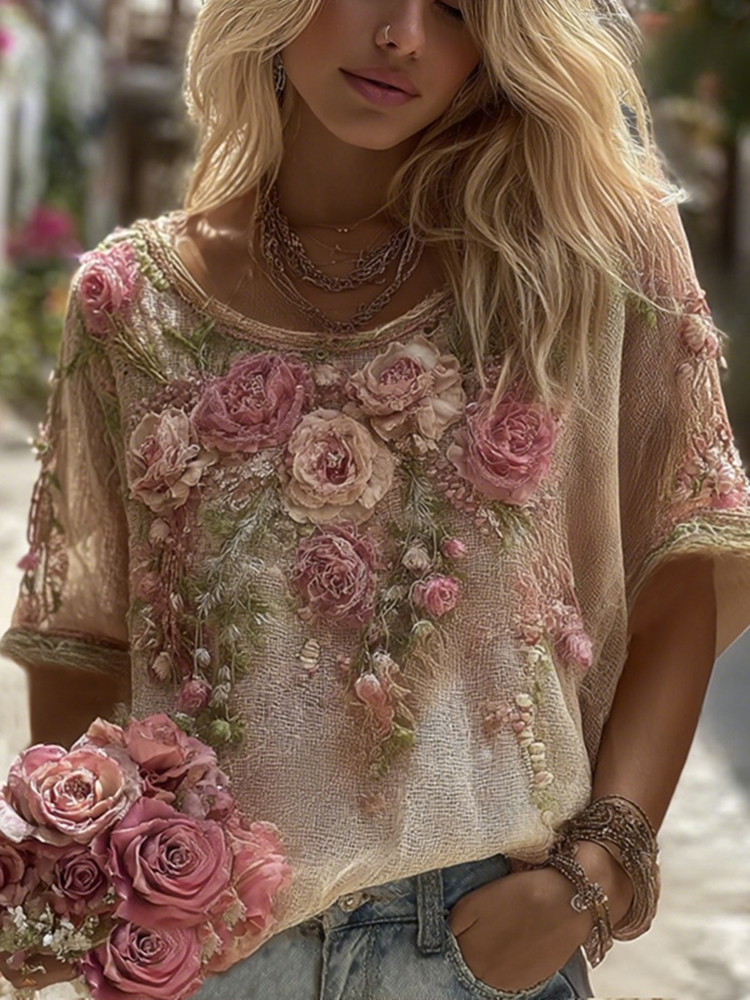 Women's Bohemian Floral Embroidery Art Linen Blend Middle Sleeve T-shirt