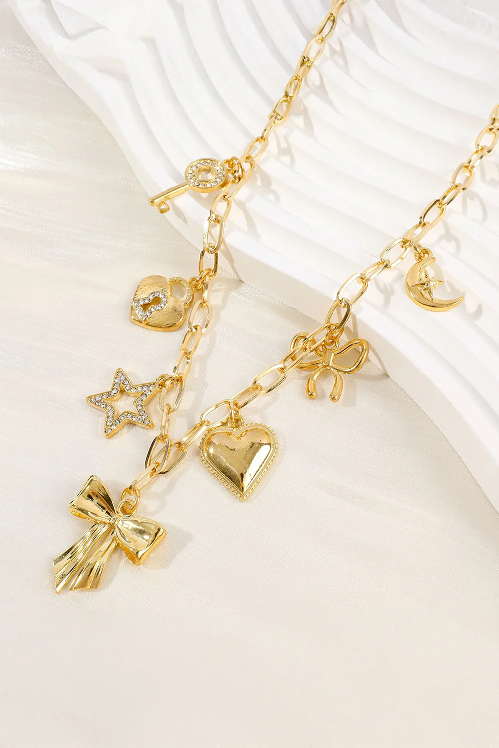 Gold Bow Heart Star Key Charm Alloy Adjustable Chain Necklace