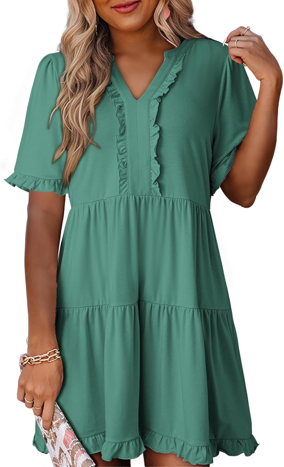 Womens Dresses 2025 Summer Spring V Neck Short Sleeve Casual A Line Flowy Swing Shift Dress Mini Dress