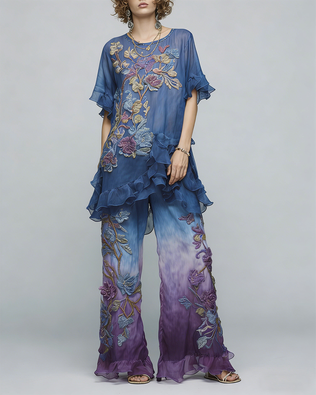 Women's Spring Resort Floral Embroidered Top  & Pants Two-Piece Set 8998