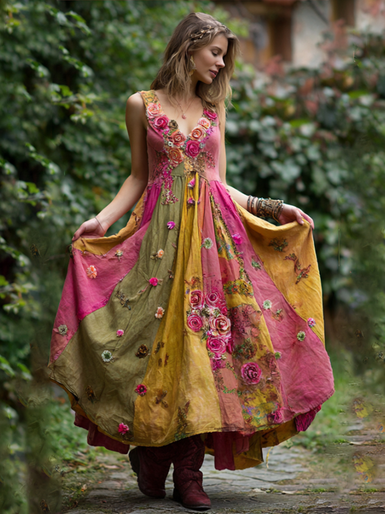 Bohemian Style Embroidered Flower Patchwork Fabric Piece Antique Sunset Color Sleeveless V-neck Long Dress