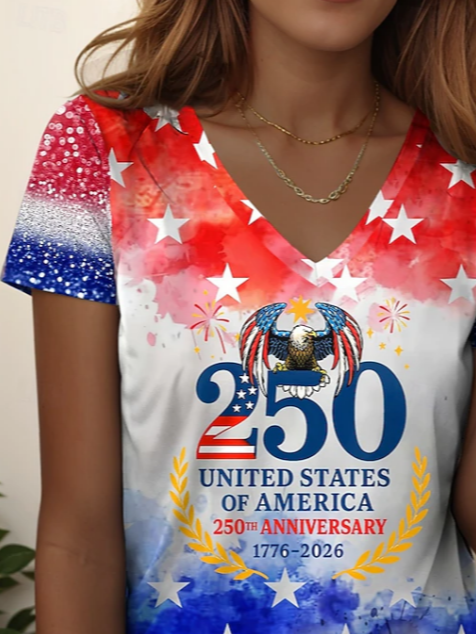 Women's Short Sleeve T-shirt Summer As Picture Text Letters Printing V Neck Holiday Going Out Vintage Top