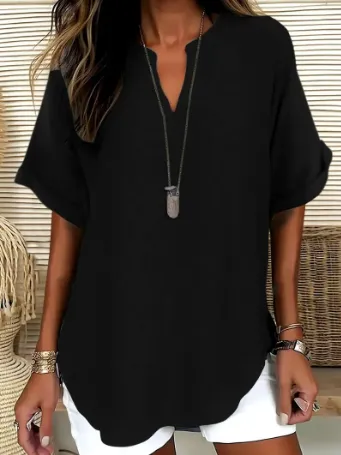 Women's Casual Solid Color Short Sleeve Blouse – Versatile Plain Top for Daily Wear, All-Season Comfort