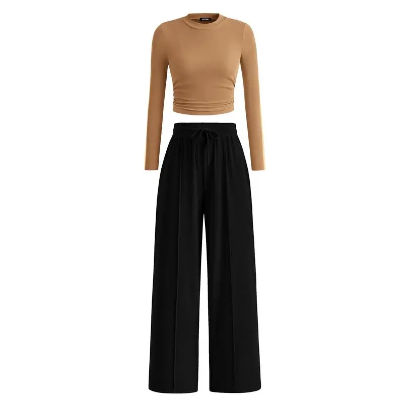 ✨2-Piece Ribbed Knit Long Sleeve Crop Top Wide Leg Pants Lounge Set🔥