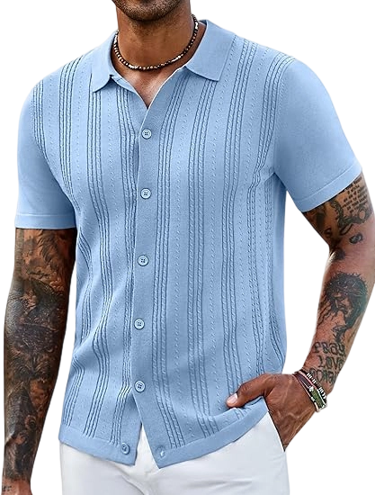Men's Knit Shirts Short Sleeve Casual Button Down Polo Shirt Summer Beach Vacation Shirts Outfit Top